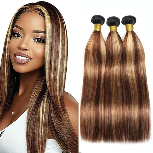 Ombre Straight Bundles P427 Straight Bundles Dark Brown and Honey Blonde Two Tone Brazilian Human Hair Extensions Soft and Silky for Black Women 10 12 14 Inch