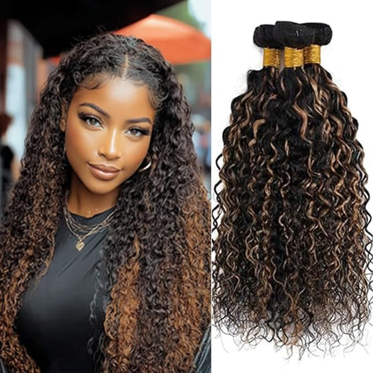 Ombre P1B/30 Highlight Kinky Curly Bundles Human Hair Black and Light Brown Curly Bundles two tone Double Weft Brazilian Human Hair Wet and Wavy Soft Silky for Black Women 20 22 24 Inch