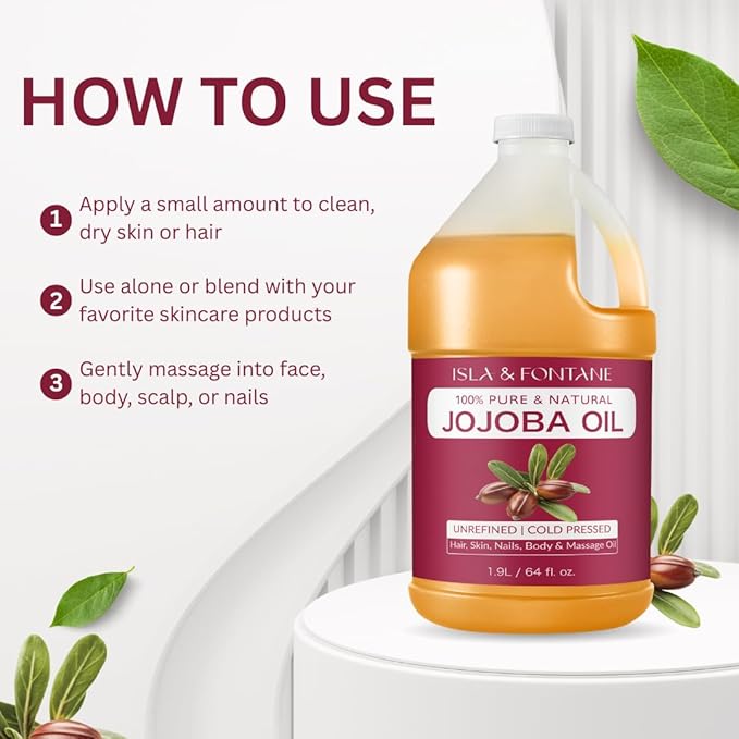 ISLA & FONTANE Jojoba Oil – 64 fl oz | 100% Pure & Natural | Golden, Unrefined, Cold Pressed | Hexane-Free Carrier Oil for Skin, Hair, Face, Nails & Body Moisturizing
