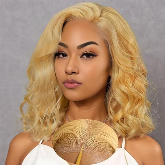 QNQZ 12 inch Honey Blonde Curly Bob Wig Human Hair 9x6 HD Glueless Lace Front Honey Blonde Deep Wave Wear and Go Glueless Wigs Human Hair Pre Plucked Pre Cut 220% Density #27 Colored for Women