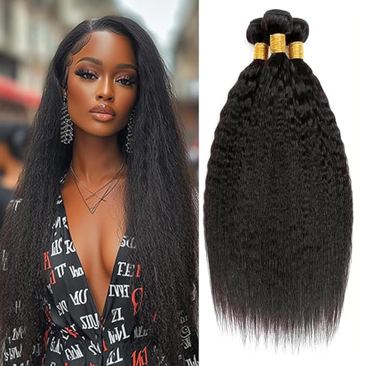 Natural Color Kinky Straight Bundles Human hair Color 1B Yaki Straight Bundles Brazilian Human Hair Extensions Soft and Silky for Women 22 24 26 Inch