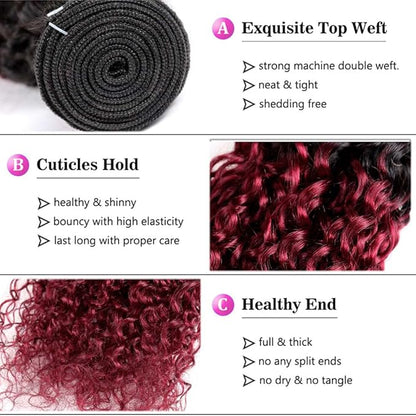 1B99J Curly Bundles Black Mixed With Burgundy Curly Bundles two tone Brazilian Hair Extensions Soft and Silky for Women 24 26 30 Inch
