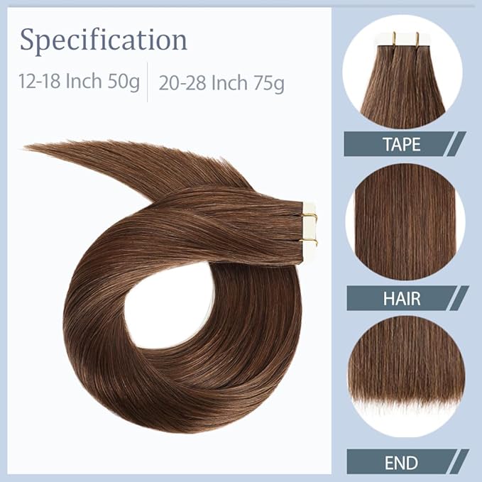 28 Inch Tape In Hair Extensions Color #4 Straight Hair Extensions HuxoWax Double Weft Invisible Brown VirgIn Soft And Silky Remy Hair