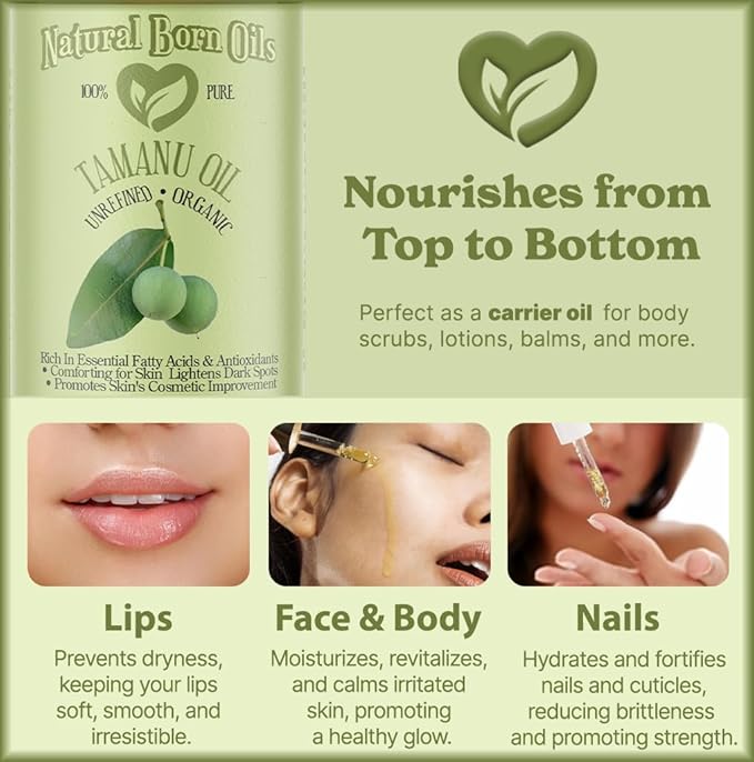 Natural Born Oils Tamanu Oil, 8oz, Organic, Cold-Pressed, Rich in Calophyllolide, Ideal for Moisturizing Skin, Strengthening Hair