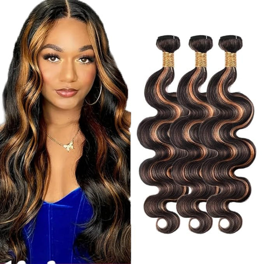 30 32 34 Inch P1B30 Body Wave Bundles Human Hair Highlight Bundles Unprocessed Peruvian Virgin Remy Hair Extensions Niegmeag Hair 2 Tone Black and Brown Bundle