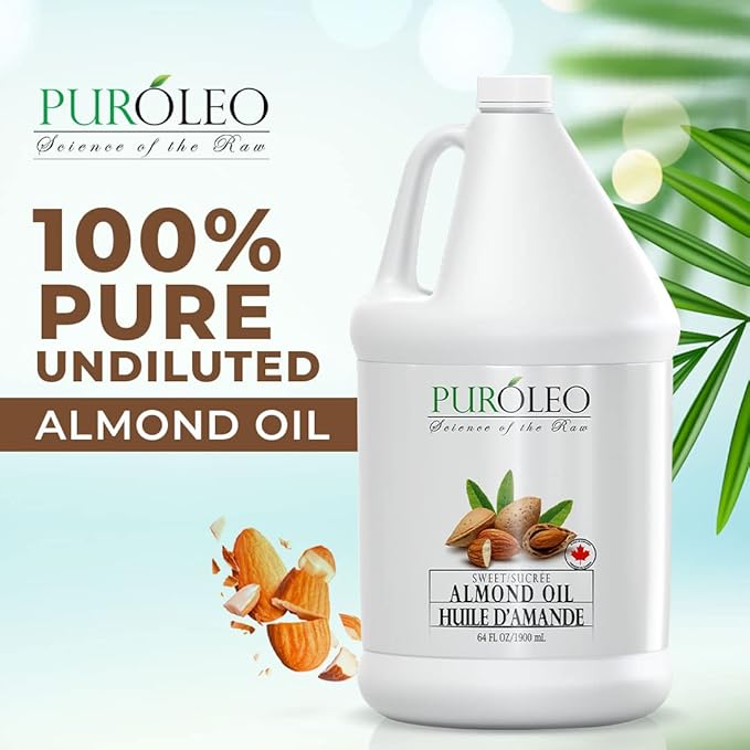 PUROLEO Sweet Almond Oil 64 Fl Oz/1900 ML 100% Natural and Pure | Moisturizer & Carrier Oil | Beauty & DIY Blends, Massage Oil, Body Oil, Hair Oil and Baby Oil | Made from Almonds raw