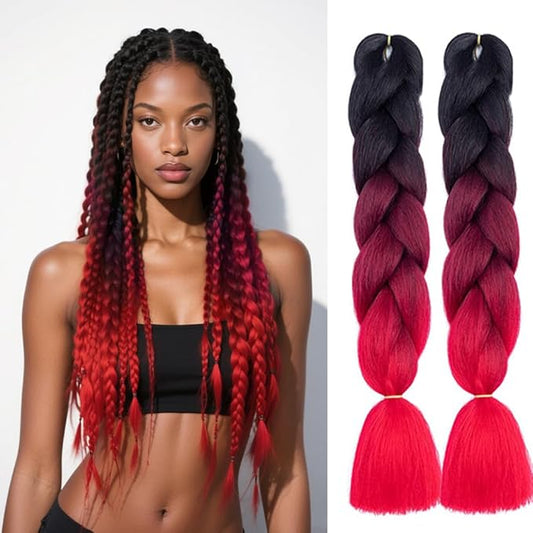 6 Packs Ombre Jumbo Braiding Hair Extensions 24 Inch High Temperature Synthetic Fiber Hair Extensions for Box Braids Braiding Hair (Black to Deep Red to Red)