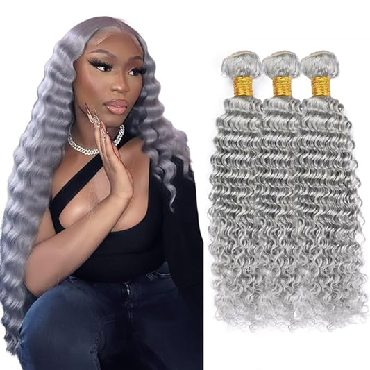 30 32 34 Inch Grey Bundles Grey Deep Wave Bundles Light Grey Deep Wave Bundle Niegmeag Peruvian Virgin Remy Hair Extensions 300g