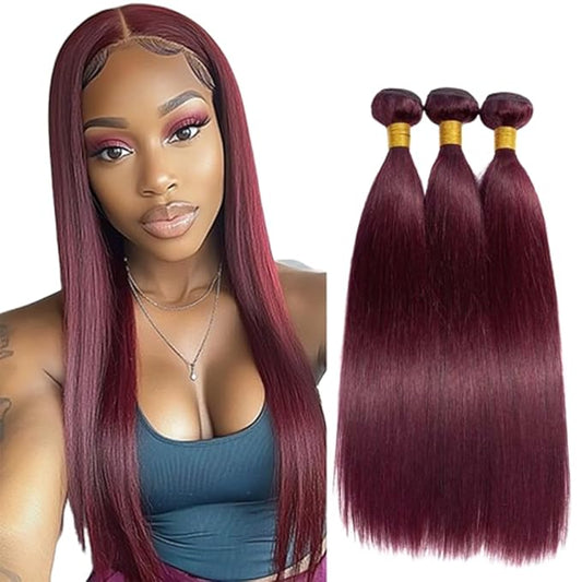 99j Straight Bundles Human Hair Burgundy Bundles Human Hair Wine Red Extensions Weave Wet and Wavy Soft Silky for Woman 14 16 18 Inch