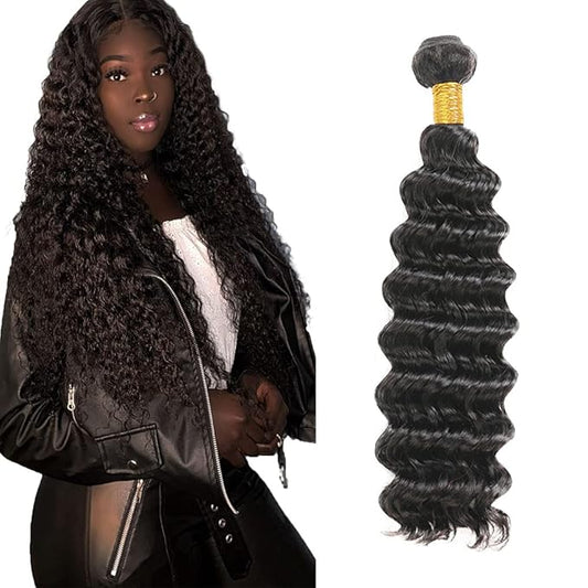 #1B Human Hair Bundles Deep Wave Bundles 12 Inch Unprocessed Brazilian Virgin Hair Weave 1 Bundle 50 Grams Per Bundle Natural Color Bundle Human Hair Extensions