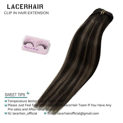 Lacer Clip in Hair Extensions Real Human Hair Balayage Natural Black to Medium Brown Highlight Remy Human Hair Extensions Clip ins for Women 14 Inch 120g 7Pcs Natural Human Hair