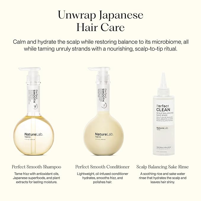 NatureLab.TOKYO Frizz-Free Hydration Limited Edition Set: Includes Smooth Shampoo, Conditioner & Scalp Sake Rinse – Hydrates & Tames Frizz, Balances Scalp Microbiome, Includes Furoshiki Wrap