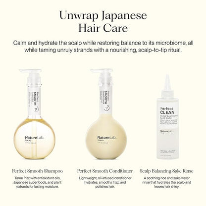 NatureLab.TOKYO Frizz-Free Hydration Limited Edition Set: Includes Smooth Shampoo, Conditioner & Scalp Sake Rinse – Hydrates & Tames Frizz, Balances Scalp Microbiome, Includes Furoshiki Wrap