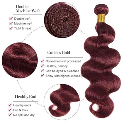 99j Burgundy Body Wave Bundles Wine Red Human Hair Body Wave Bundles Brazilian Wet and Wavy Soft Silky for Woman 12 14 16 Inch