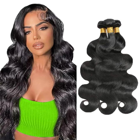 30 32 34 Inch Body Wave Human Hair Bundles Color 1B Bundles Niegmeag Hair 8A Brazilian Virgin Hair Extensions Double Weft Real Natural Black Hair Weave