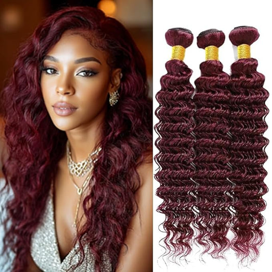 Color 99j Burgundy Bundles Wine Red Deep Wave Bundles Human Hair Burgundy Brazilian Hair Extensions Weave Wet and Wavy Soft Silky for Black Woman 18 20 22 Inch
