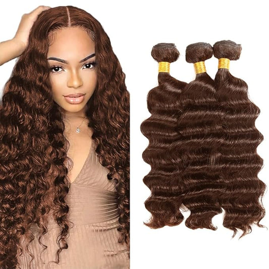 #4 Brown Bundles Human Hair Deep Wave Bundles 26 28 30 Inch Human Hair Weave 3 Bundle Unprocessed Brazilian Virgin Hair Chocolate Deep Wave Human Hair Extensions 50 Grams/Bundle