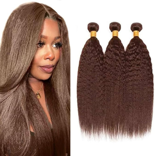 #4 Brown Bundles Human Hair Yaki Straight Bundles 14 16 18 Inch Human Hair Weave 3 Bundle Unprocessed Brazilian Virgin Hair Dark Brown Kinky Straight Human Hair Extensions 50 Grams/Bundle