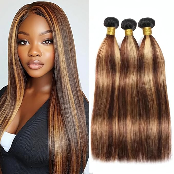 Ombre Honey Blonde Straight Bundles Highlight P427 Straight Bundles Brown and Blonde Brazilian Human Hair Extensions Soft and Silky for Black Women 20 22 24 Inch