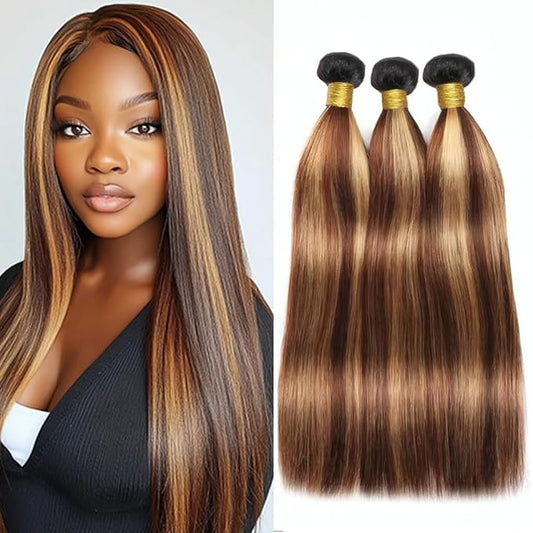 Ombre Honey Blonde Straight Bundles Highlight P427 Straight Bundles Brown and Blonde Brazilian Human Hair Extensions Soft and Silky for Black Women 20 22 24 Inch