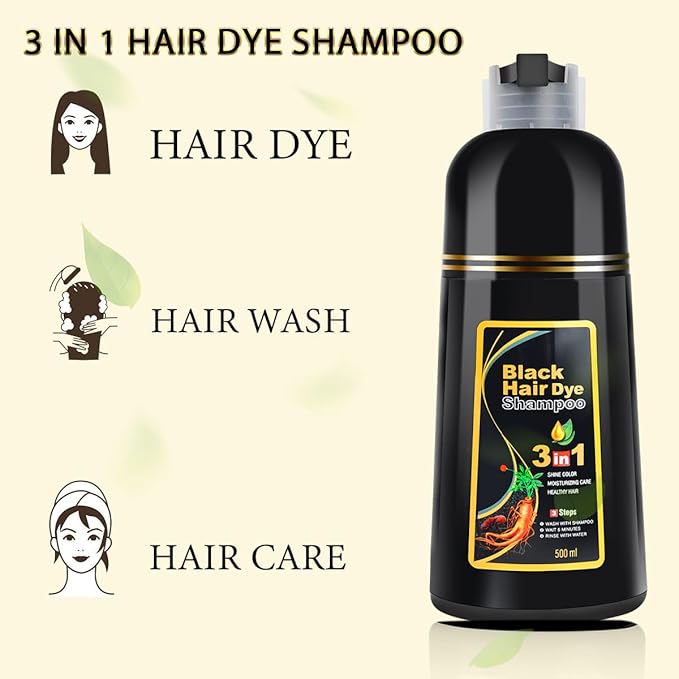 Black Hair Dye Shampoo 3 in 1 for Gray Hair Coverage, Color Shampoo for Women and Men, Instant Herbal Ingredients Hair dye (16.9 Fl oz)