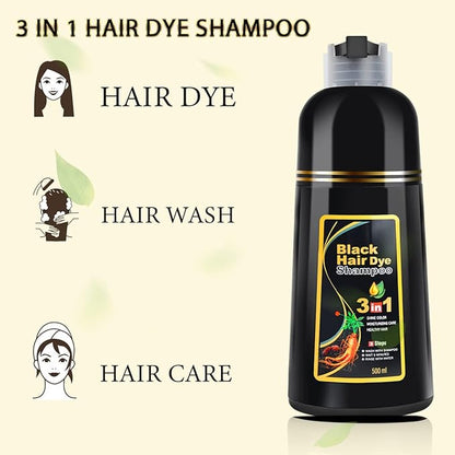 Black Hair Dye Shampoo 3 in 1 for Gray Hair Coverage, Color Shampoo for Women and Men, Instant Herbal Ingredients Hair dye (16.9 Fl oz)