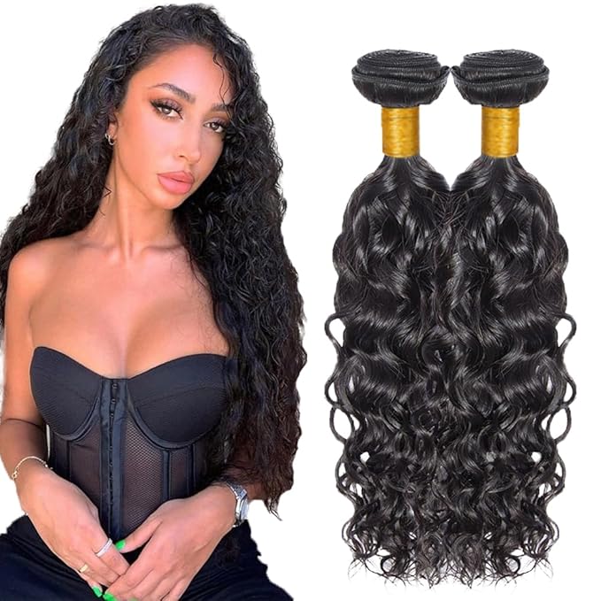 #1B Human Hair Bundles Water Wave Bundles 32 34 Inch 2 Bundles Unprocessed Brazilian Virgin Hair Weave 50 Grams Per Bundle Water Wave Bundle Human Hair Extensions Natural Color