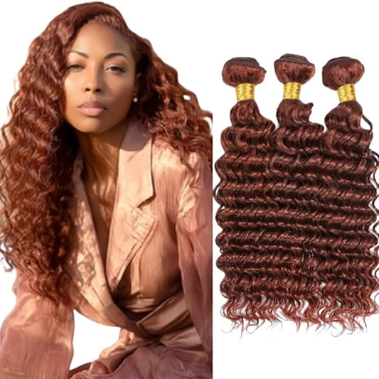 Color 33 Deep Wave Bundles Human Hair Red Brown Loose Deep Wave Bundles 8a Grade Brazilian Human Hair Soft and Silky for Women 10 12 14 Inch