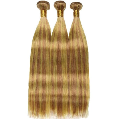 P27/30 Honey Blonde Straight Human Hair Bundles - Light Brown Ombre Remy Hair Extensions 14-18 Inch Silky Soft Highlight Bundles
