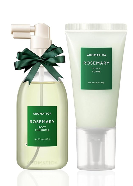 AROMATICA Rosemary Root Enhancer And Scalp Scrub Korean Hair Care Set - Rosemary Water Spray and Scalp Exfoliator for Dry Scalp Treatment, Refresh Your Hair with Rosemary Oil Scalp Care