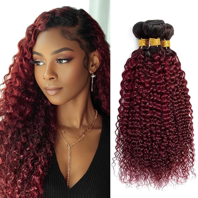 Ombre Burgundy Bundles 1B99j Curly Bundles Black and Burgundy two tone Brazilian Human Hair Weave Soft and Silky for Women 20 22 24 Inch