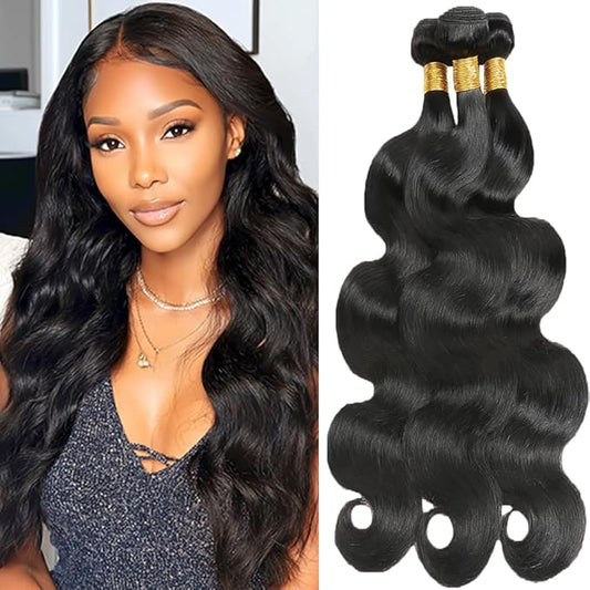 Color 1B Body Wave Bundles Human Hair Natural Color Body Wave Bundles Weave Extensions Brazilian Human Hair Soft and Silky for Black Women 18 18 18 Inch
