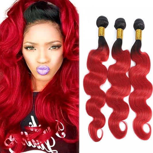 1B/Red Body Wave Human Hair Bundles 14 16 18 inch Double Weft Brazilian Virgin Remy Hair Extensions Two Tone Black Roots To Red Human Hair Bundles Soft and Silky For Women