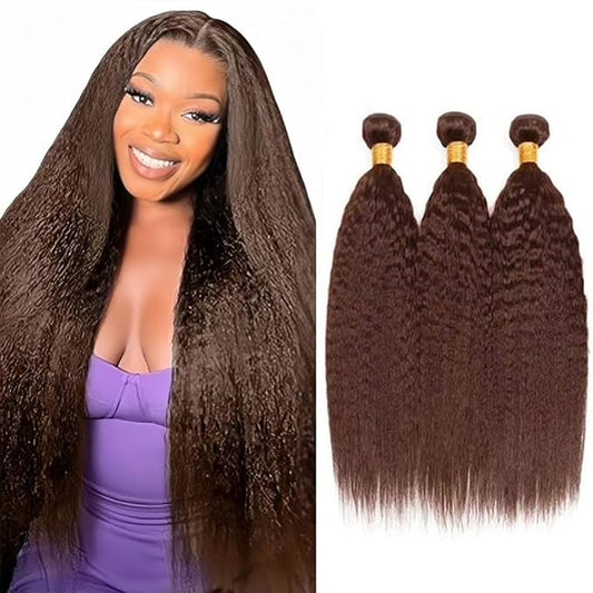 Brown Human Hair Bundle Color 4 Yaki Straight Bundles Niegmeag Brazilian Virgin Remy Hair 3 Bundles 14 16 18 Inch Double Weft Dark Brown Yaki Bundle Hair Weave