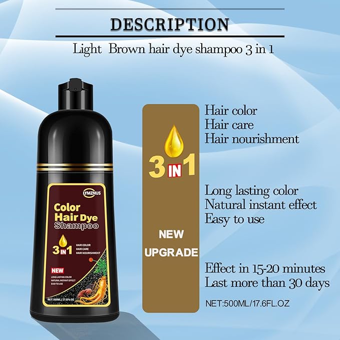 Instant Coffee Hair Dye Shampoo - 3 in 1, Hair Color Shampoo for Women & Men, Long Lasting,Light Brown Shampoo Para Pintar El Cabello, Easy to Apply at Home 500ML