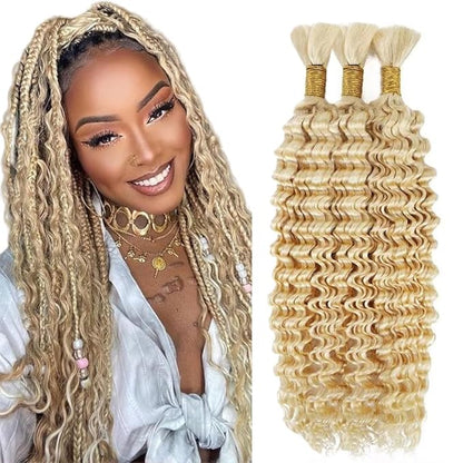 #613 Blonde Human Braiding Hair Deep Wave Bulk 24 24 24 Inch Human Hair Weave 3 Bundle Unprocessed Brazilian Virgin Hair Honey Blonde Deep Curly Braiding Hair Extensions 50 Grams/Bundle