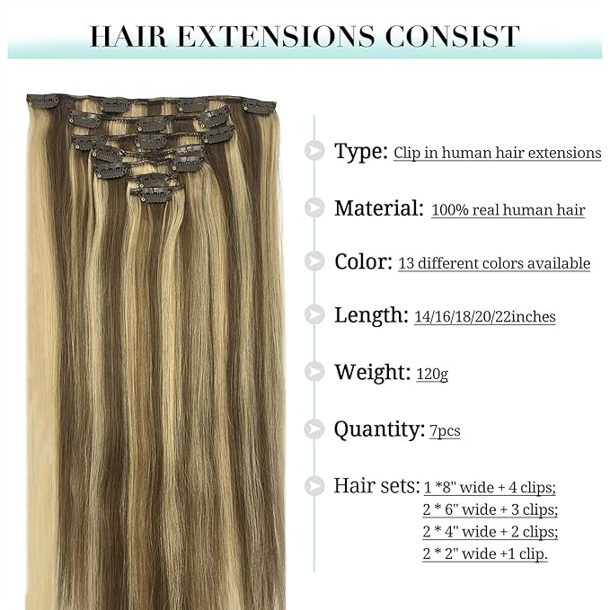 DOORES Clip in Hair Extensions, Ombre Medium Brown Highlighted Golden Blonde 24 Inch 7pcs 120g, Remy Hair Extensions Clip in Human Hair Extensions Natural Hair Extensions Thick Silky Straight