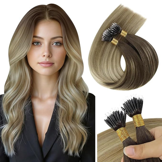 Sunny Hair Nano Bead Extensions Human Hair Brown Roots to Light Blonde Nano Hair Extensions Ombre Nano Ring Extensions Real Remy Hair 4/14/60 18inch 50g