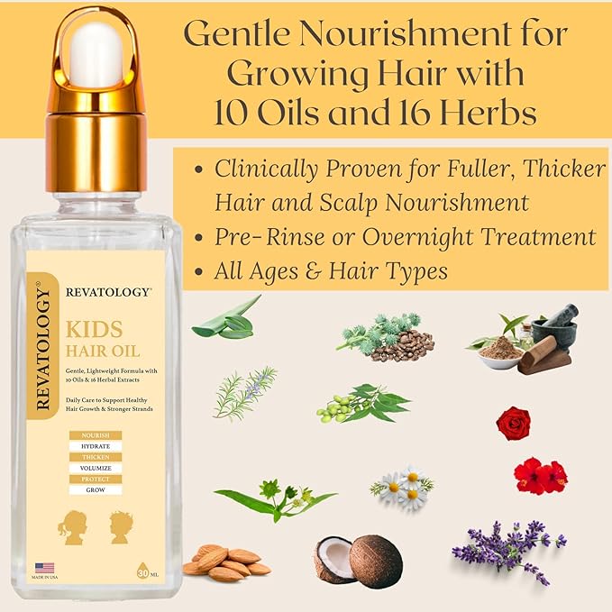 REVATOLOGY Kids & Baby Hair Growth Oil (Made in USA) Extra Strength pre-rinse Pediatric Formula with 26 Cold-Pressed Botanicals & Extracts | Cruelty & Chemical Free