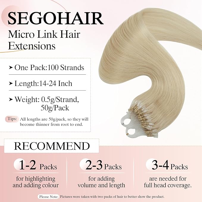 Micro Link Hair Extensions Human Hair for Women - Silky Straight Natural Bead/Loop/Ring Extensions - 50g/100 Stands 14" Platinum Blonde