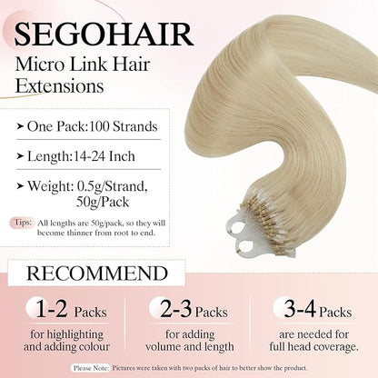 Micro Link Hair Extensions Human Hair for Women - Silky Straight Natural Bead/Loop/Ring Extensions - 50g/100 Stands 14" Platinum Blonde