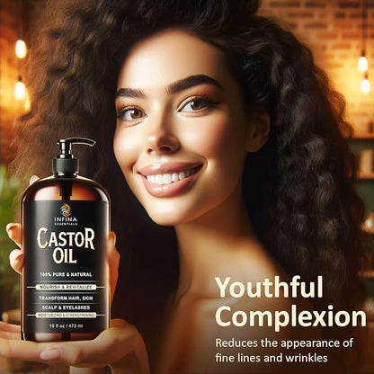 Pure Cold Pressed Castor Oil - Hexane Free, Glass Bottle for Hair Growth, Face, Scalp, Skin & Eyelashes - Nourishing and Moisturizing - 16 fl oz