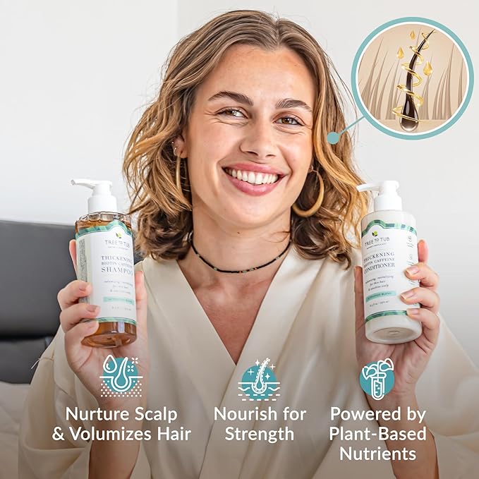 Tree To Tub Volumizing Biotin Shampoo and Conditioner Set - Activating Caffeine for Fuller Hair, Thickening Shampoo and Conditioner for Women & Men, Sulfate Free w/Natural Soapberry Organic Argan Oil