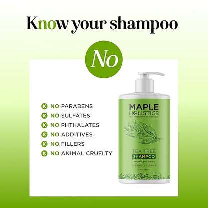 Maple Holistics Tea Tree Oil Shampoo Sulfate Free - Deep Cleansing Vegan Tea Tree Shampoo for Oily Hair and Scalp - Daily for Build up with Rosemary Essential Oil for All Hair Types 25 Fl Oz