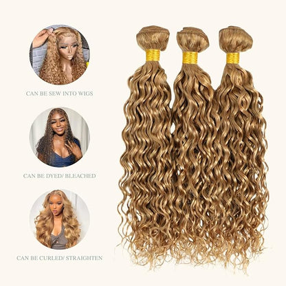 BQRIH #27 Honey Blonde Water Wave Bundles with 4x4 Closure Pre Plucked Human Hair 18 20 22+16, 12A Virgin Brazilian Curly Weaves Soft Bouncy Wet n Wavy Colored 3 Bundles with Transparent Lace Closure