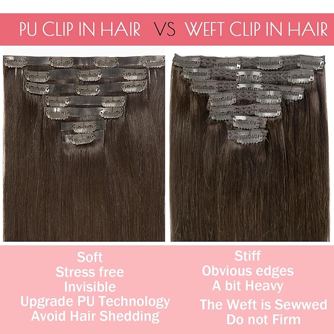 Loxxy Seamless Clip in Hair Extensions 22Inch 110G 7Pcs Light Dark Brown Real Human Hair Clip in Extensions Invisible With PU Clip On Hair Extensions Human Hair For Women Silky Straight #2A