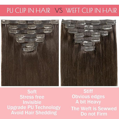 Loxxy Seamless Clip in Hair Extensions 22Inch 110G 7Pcs Light Dark Brown Real Human Hair Clip in Extensions Invisible With PU Clip On Hair Extensions Human Hair For Women Silky Straight #2A