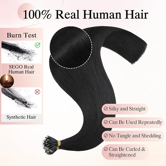 Nano Bead Human Hair Extensions - Nano Bond & Tip Extensions - Silky Straight Natural 50g/50 Stands 16" Jet Black