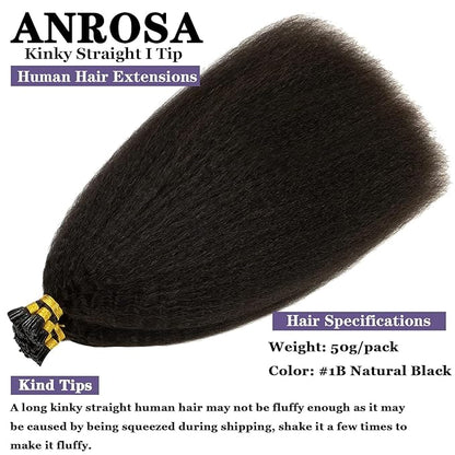 Anrosa Kinky Straight I Tip Hair Extensions 14inch Itip Human Hair Extensions Black 100% Brazilian Hair 50g I Tip Hair Coarse Yaki Microlinks Stick