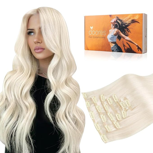 DOORES Hair Extensions Real Human Hair Clip in, White Blonde 18 Inch 120g 7pcs, Remy White Hair Extensions Clip ins Silky Straight Thick for Women